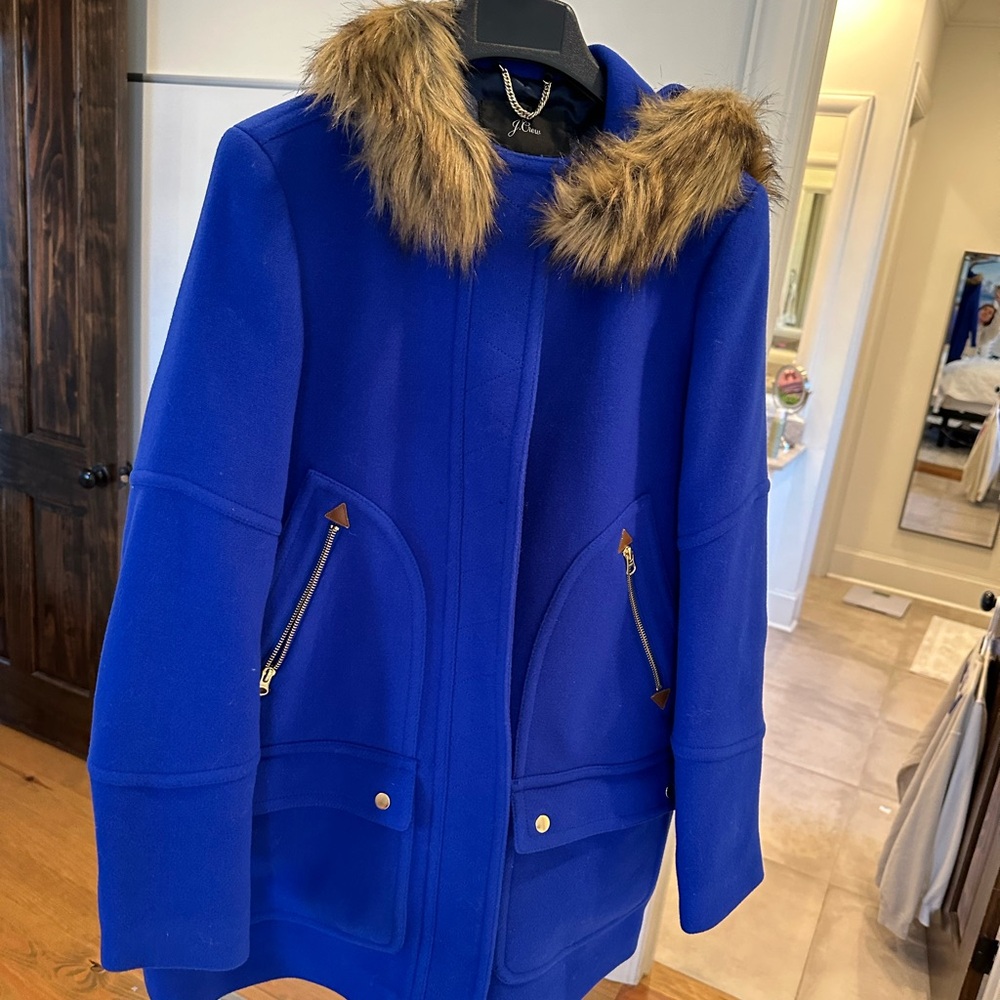J. Crew Cobalt Blue Italian Stadium Cloth wool Pea Coat- Faux Fur Collar